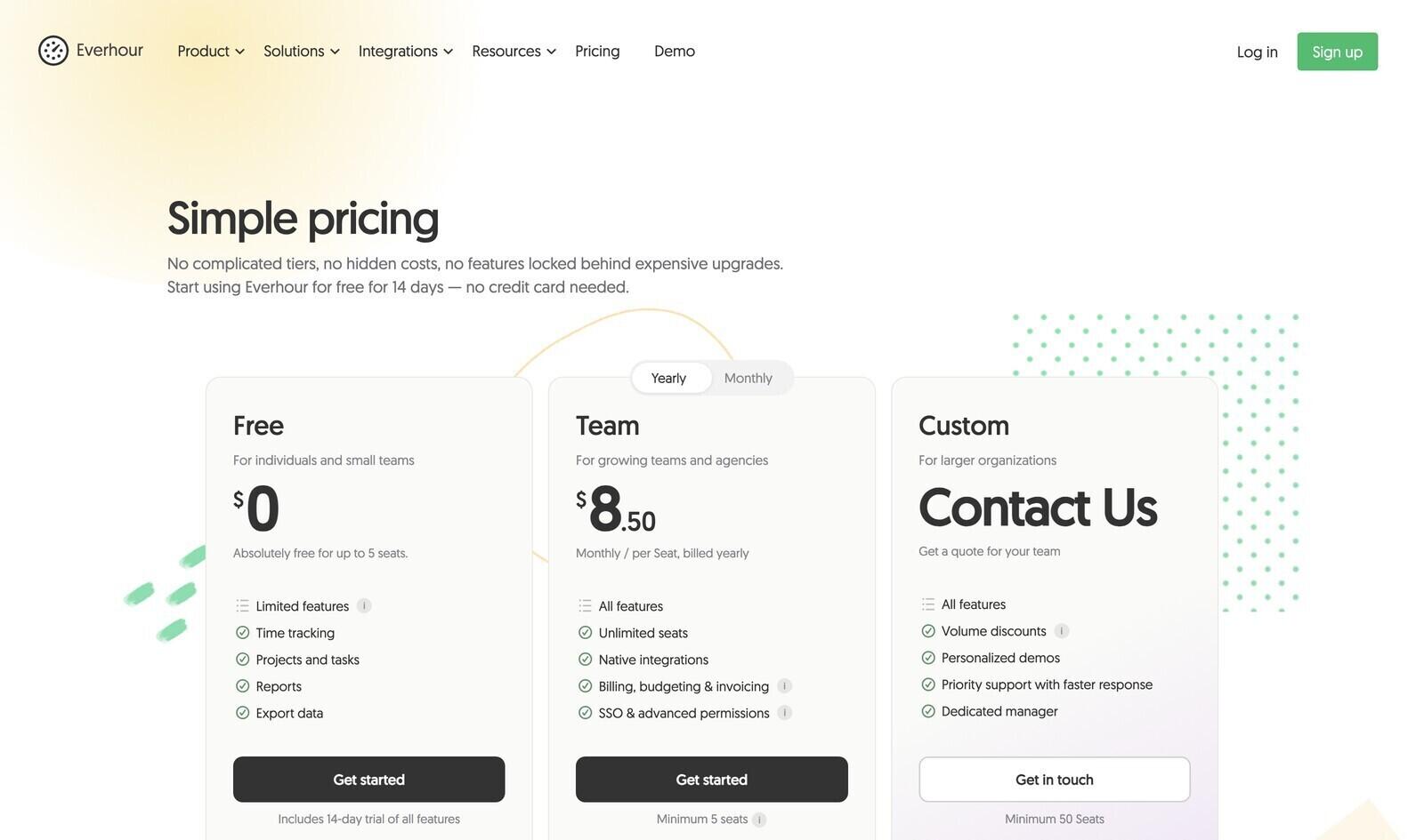Everhour pricing page showing Free, Team and Custom plans