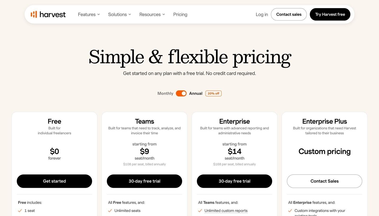 Harvest pricing page showing Teams and Enterprise plan rates