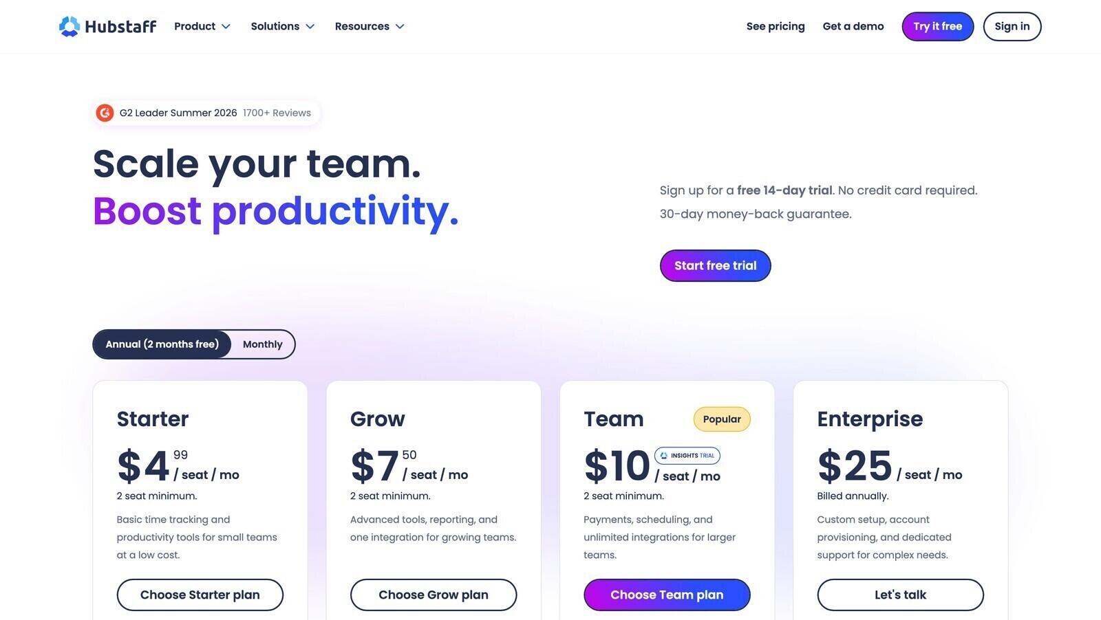 Hubstaff pricing page showing Starter, Grow, Team and Enterprise rates