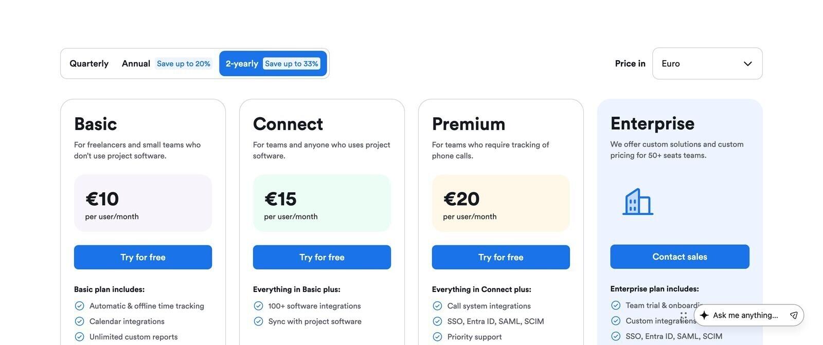 Memtime pricing page showing Basic, Connect, Premium and Enterprise rates