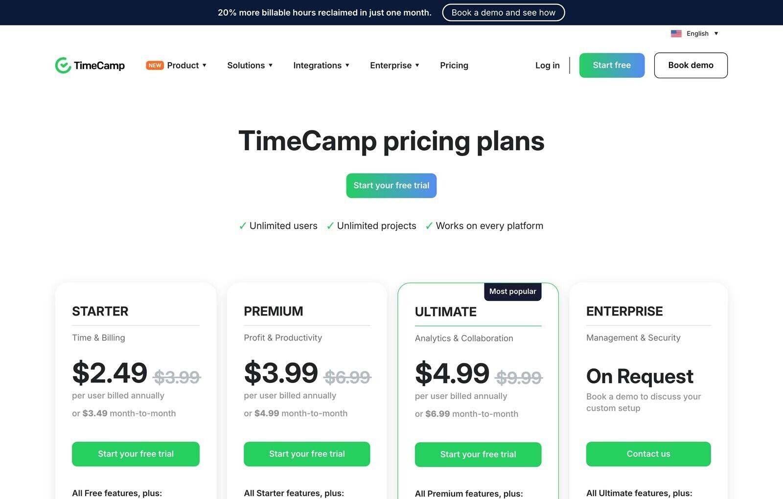 TimeCamp pricing page showing Starter, Premium, Ultimate and Enterprise rates