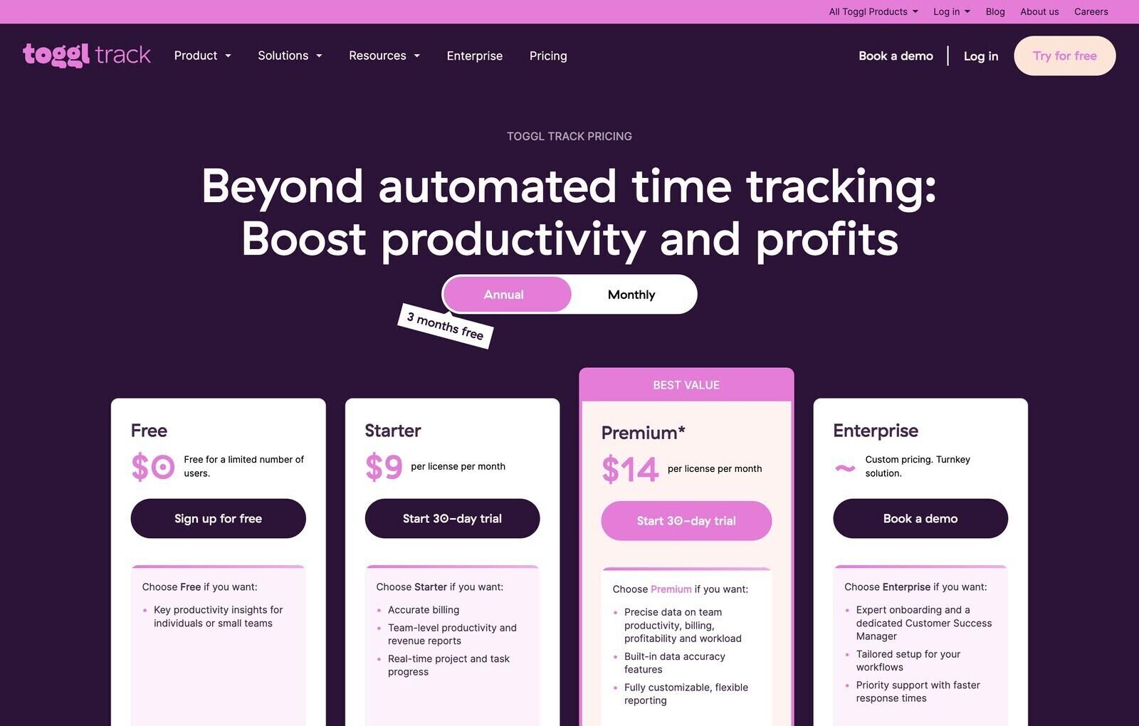 Toggl Track pricing page showing Free, Starter, Premium and Enterprise rates