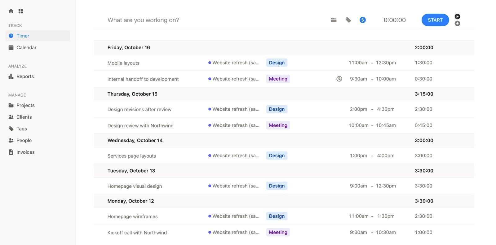 Timen timer list with Maya Lind's sample entries for the week, grouped by day, one of them marked non-billable