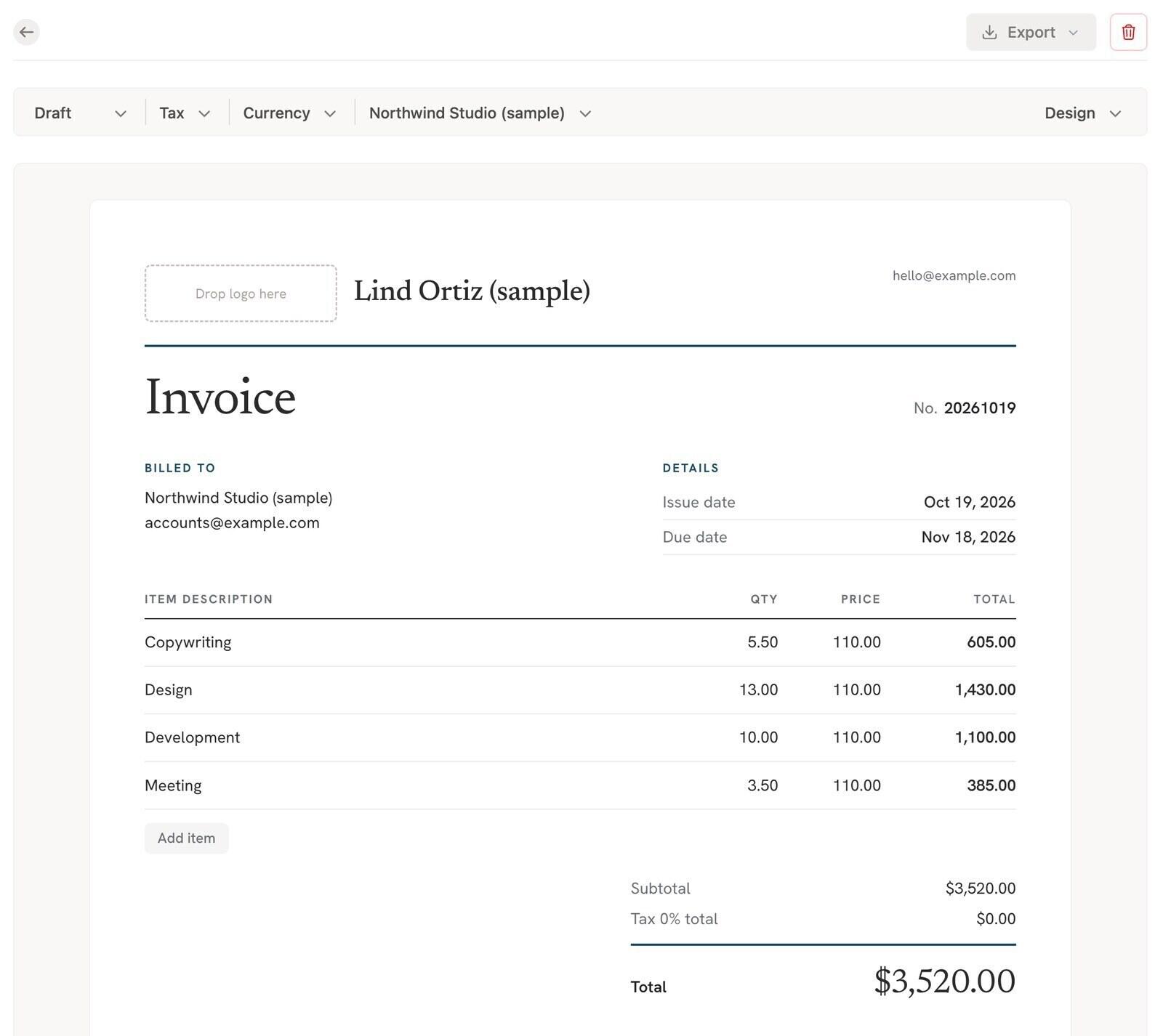 Draft Timen invoice for Northwind Studio (sample) in the Letterhead layout, four lines at $110 and a $3,520 total