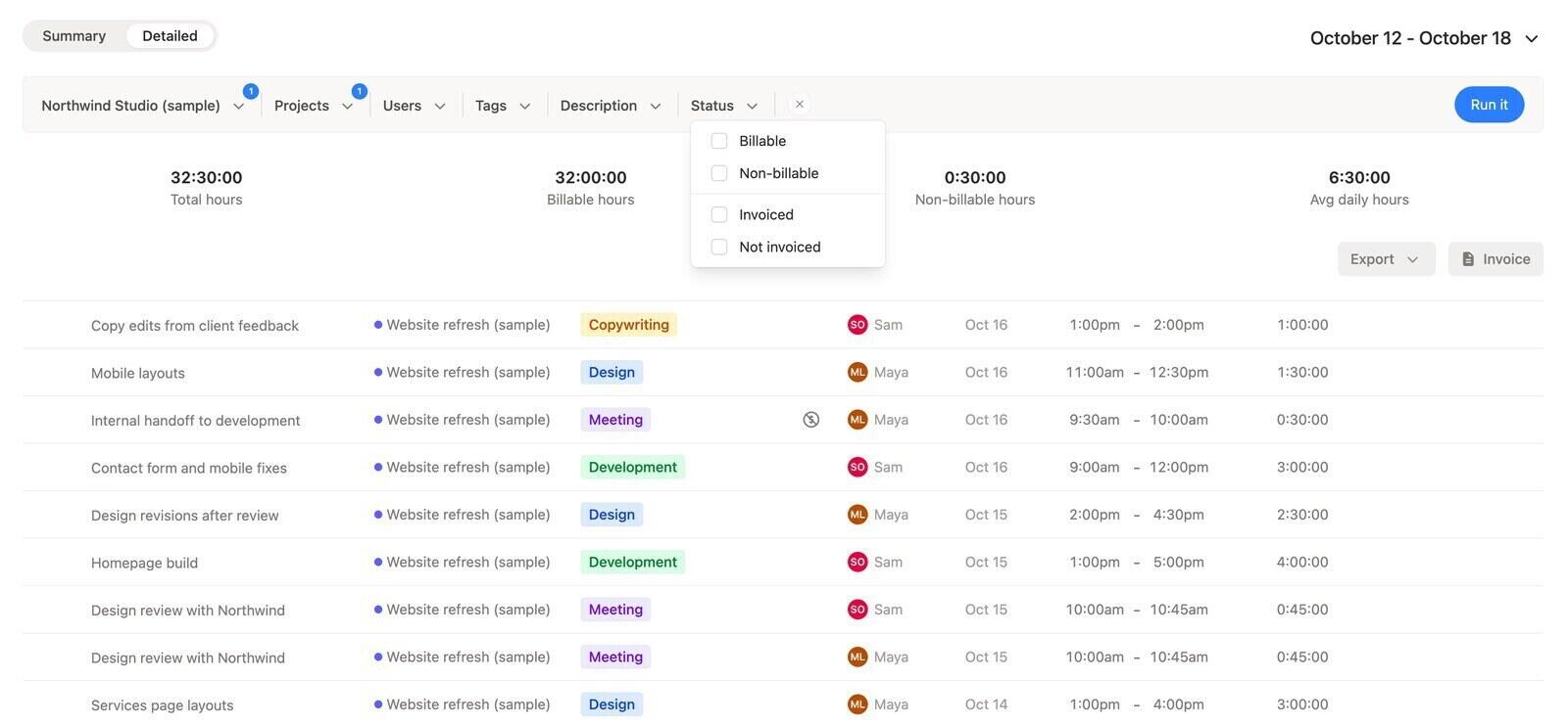 Timen detailed report for Northwind Studio (sample) with the billable and invoiced status filter open