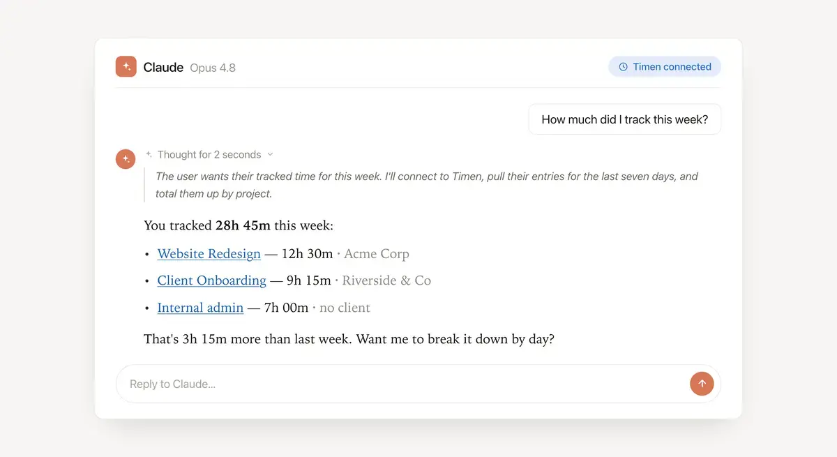New in Timen: ask your AI assistant to track your time hero image