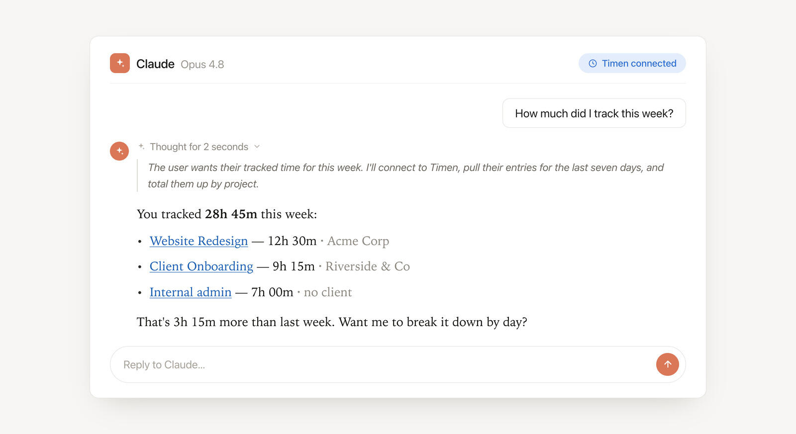 Claude connected to Timen, answering how much time was tracked this week with a breakdown by project.