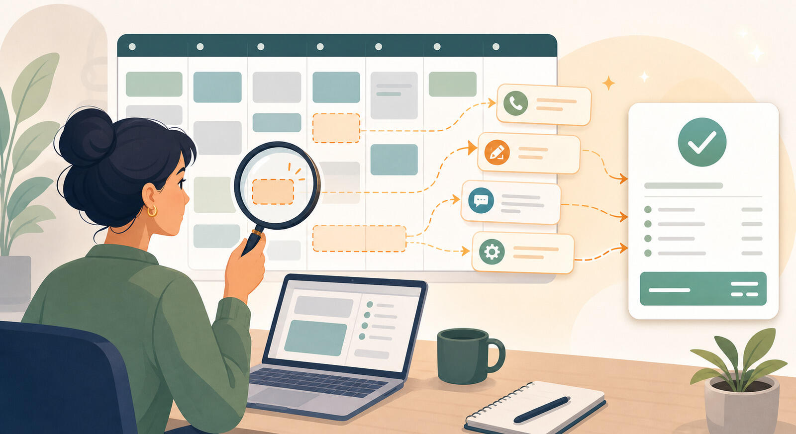 Illustration of reviewing tracked time before billing to find unbilled work: calls, revisions, and small tasks that slipped past the record.