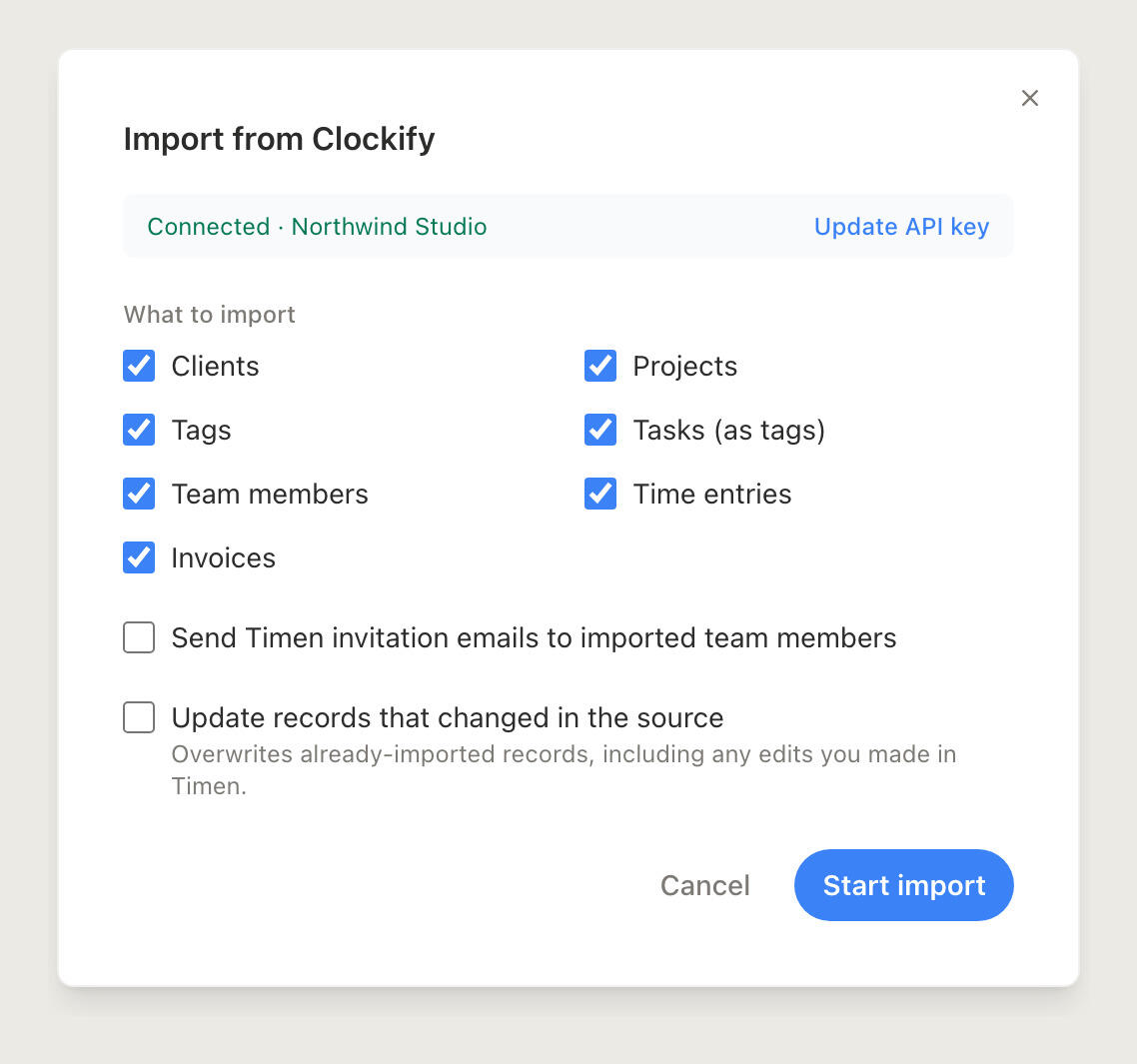 Choosing what to import from Clockify into Timen