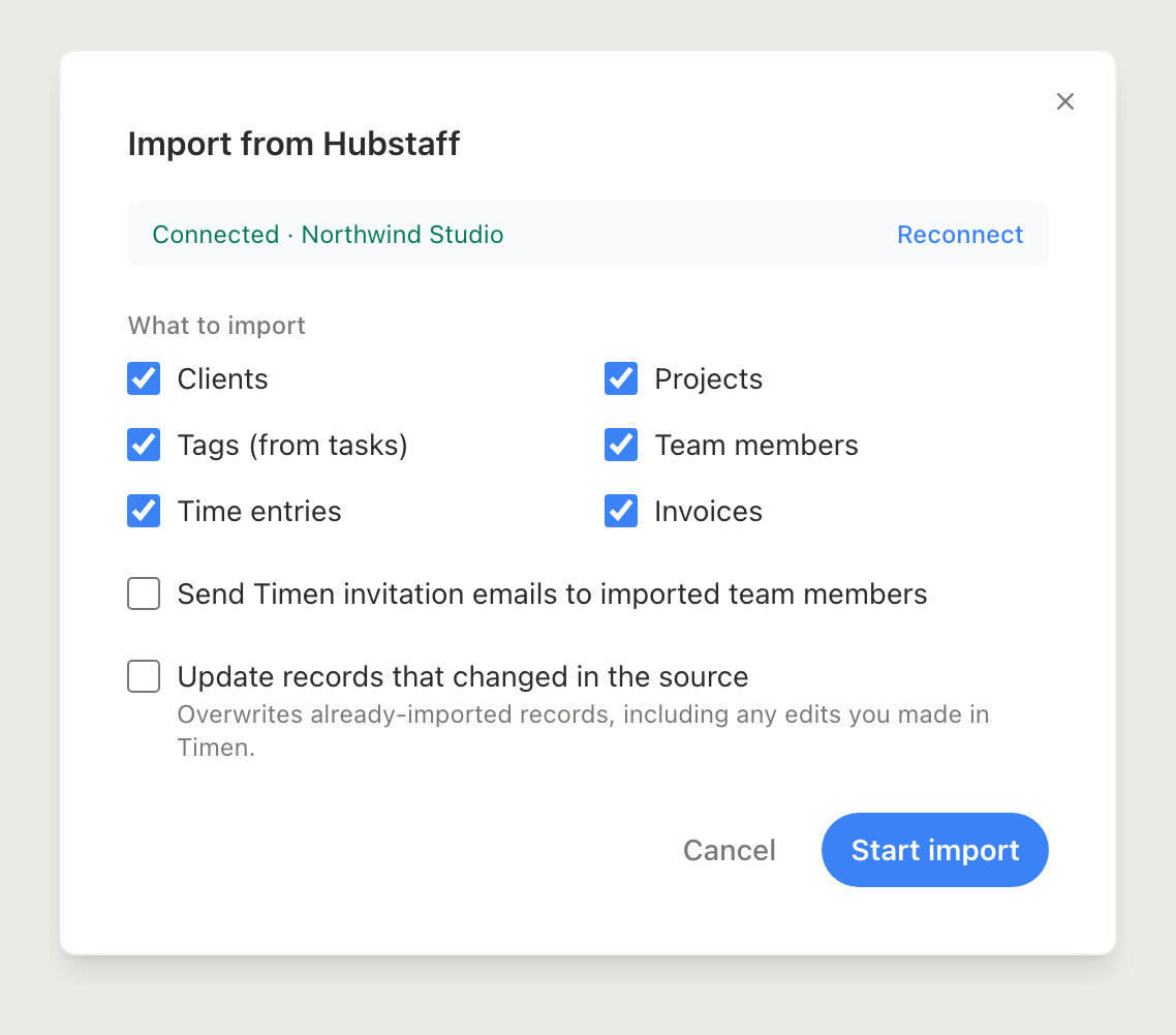 Choosing what to import from Hubstaff into Timen