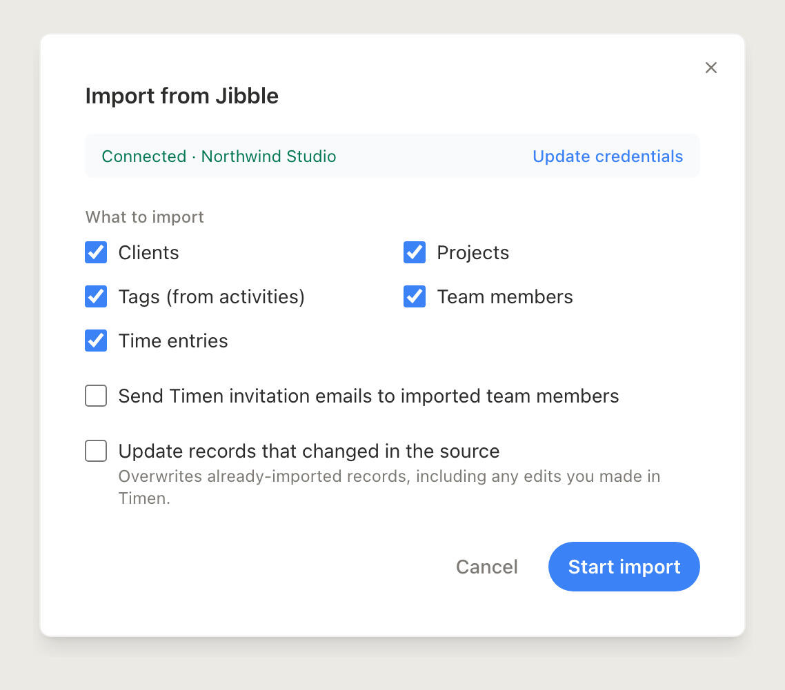 Choosing what to import from Jibble into Timen