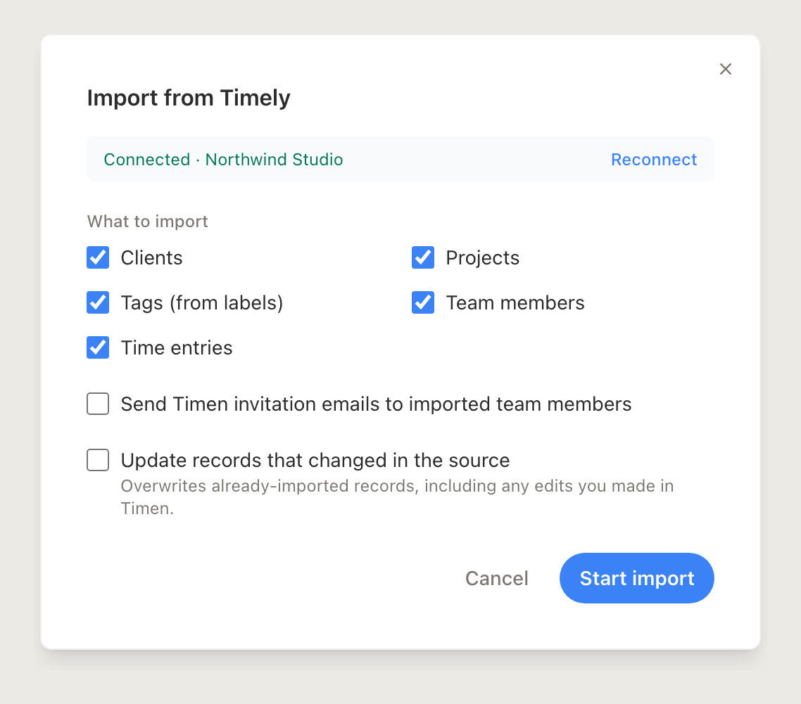 Choosing what to import from Timely into Timen