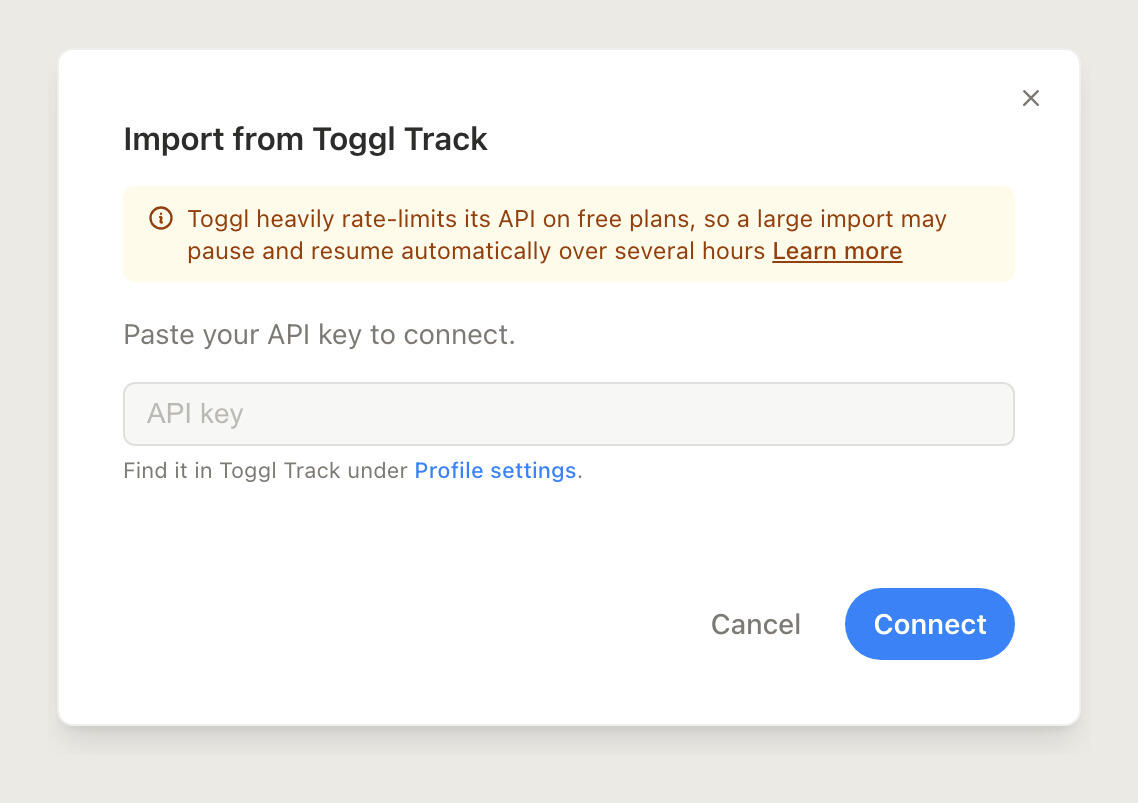 Connecting Timen to a Toggl Track workspace with an API token