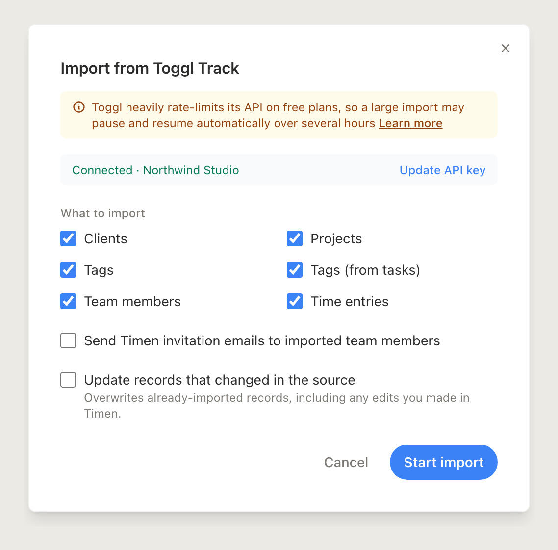 Choosing what to import from Toggl Track into Timen