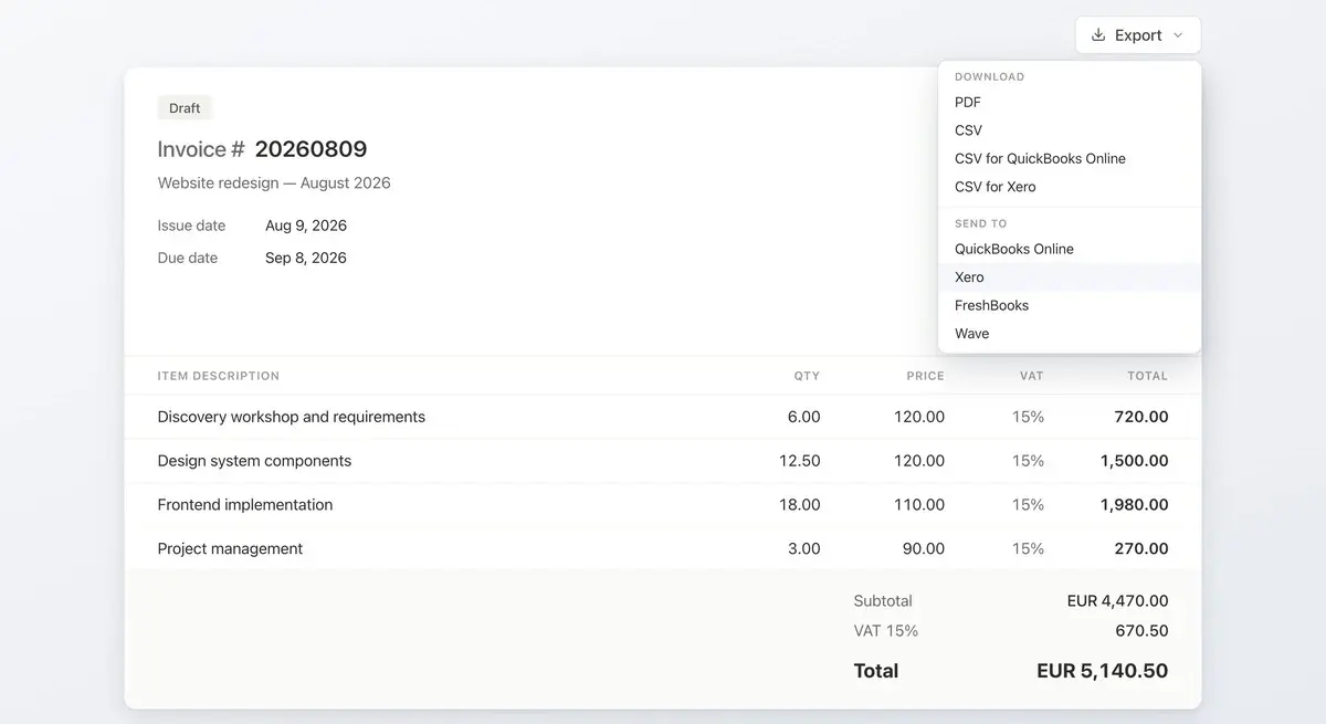 New in Timen: send an invoice straight to your accounting system hero image