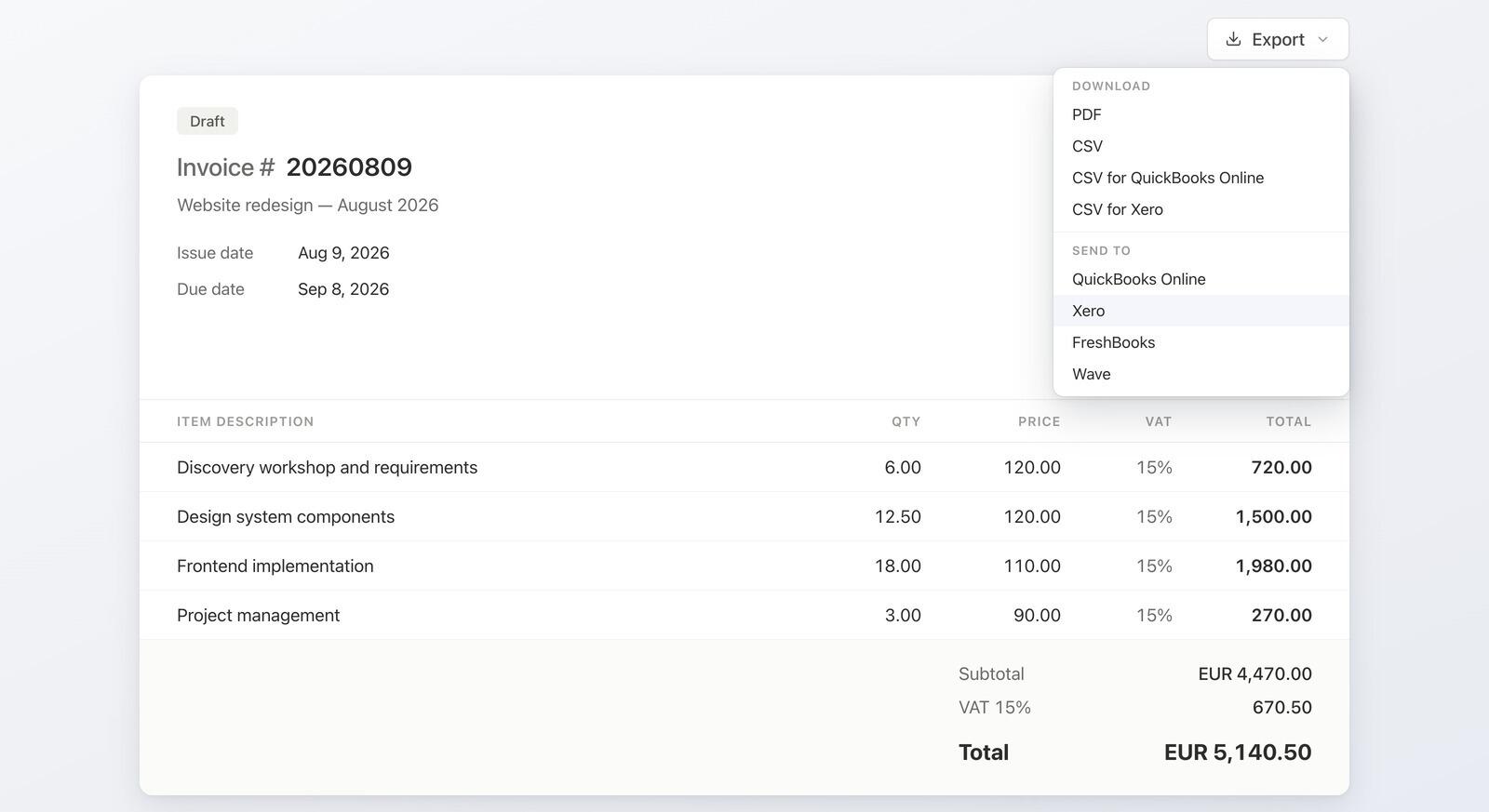 The Export menu on a Timen invoice, listing four download formats and four accounting systems to send to.