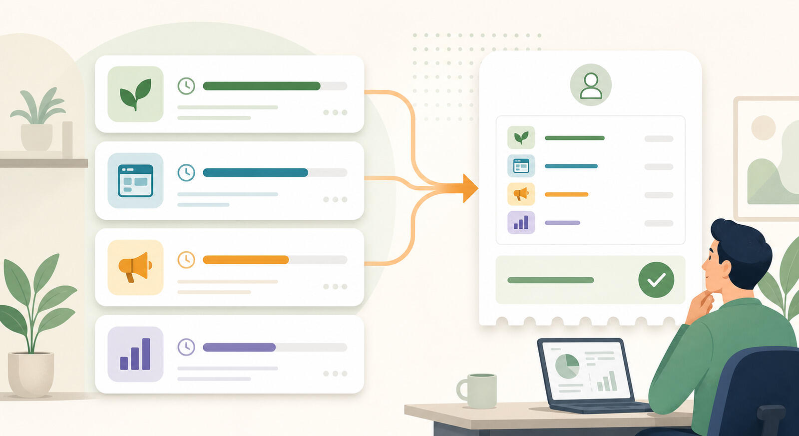 Illustration of tracking time by project while working, then rolling projects up to the client for a single clean invoice.