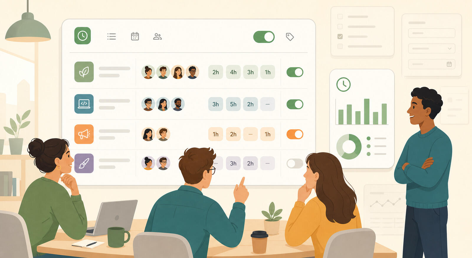 Illustration of a simple small-team time tracking setup: a few projects, the people on them, hours, and a billable toggle.