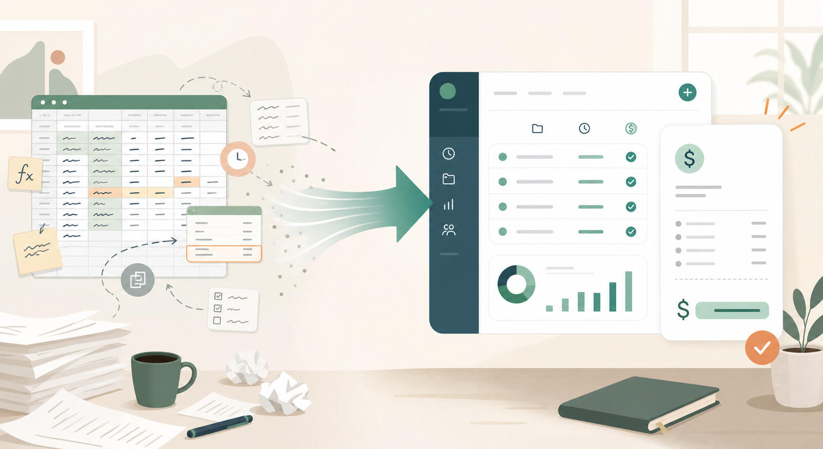 Illustration of moving from a spreadsheet full of manual time entries to a simpler tracker that turns hours into reports and invoices.