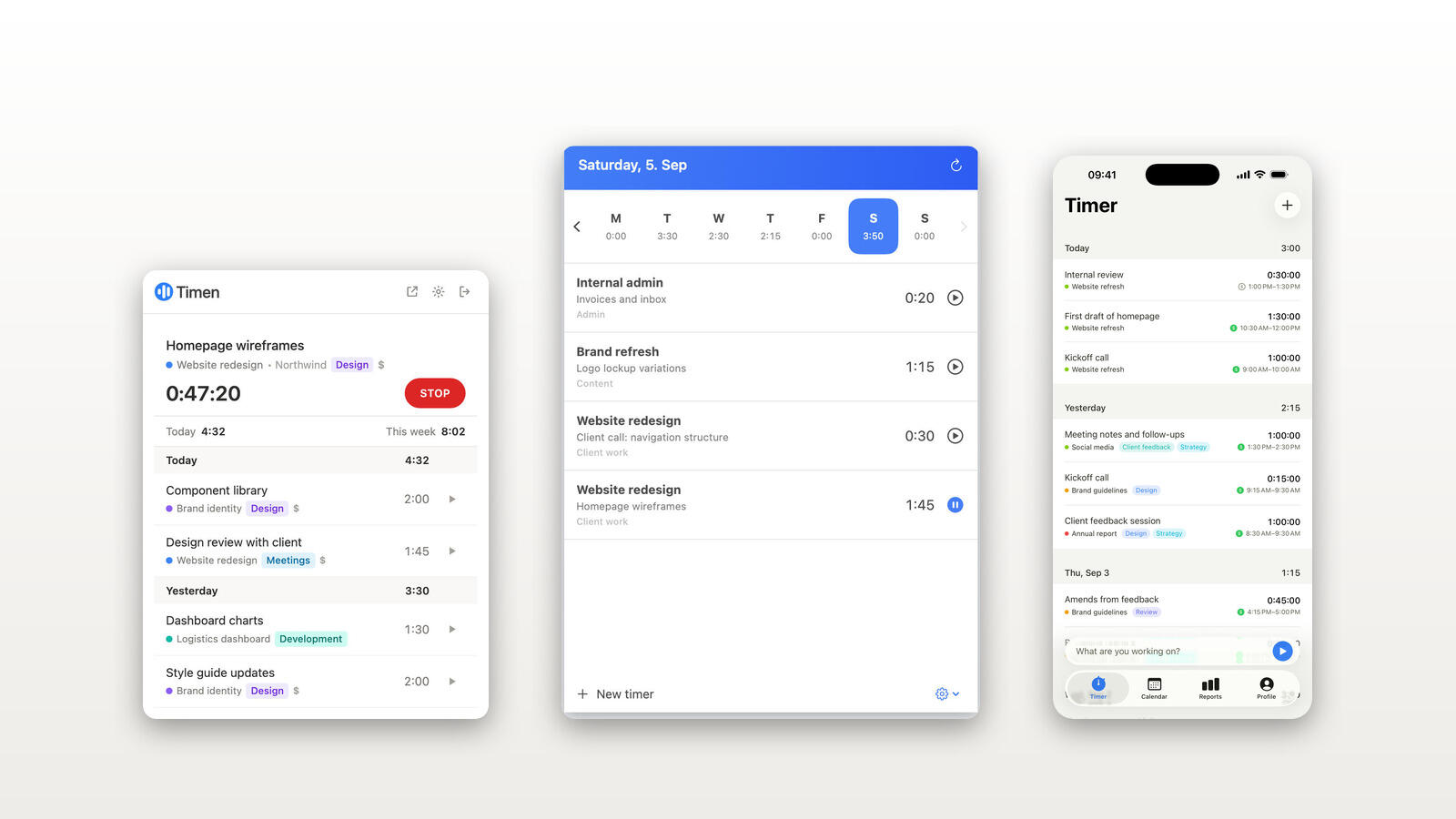 Timen running on an iPhone, in a browser tab and in the Mac menu bar