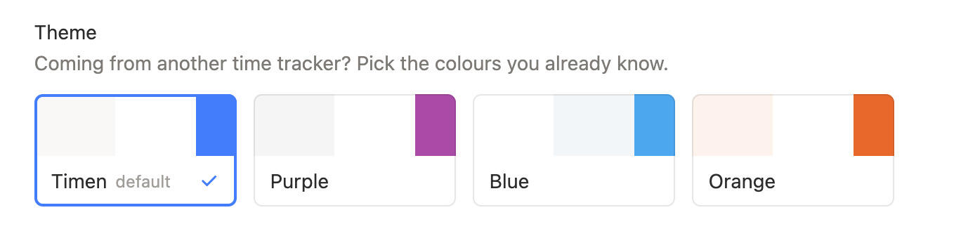 The four Timen colour themes on the profile page: Timen, Purple, Blue and Orange
