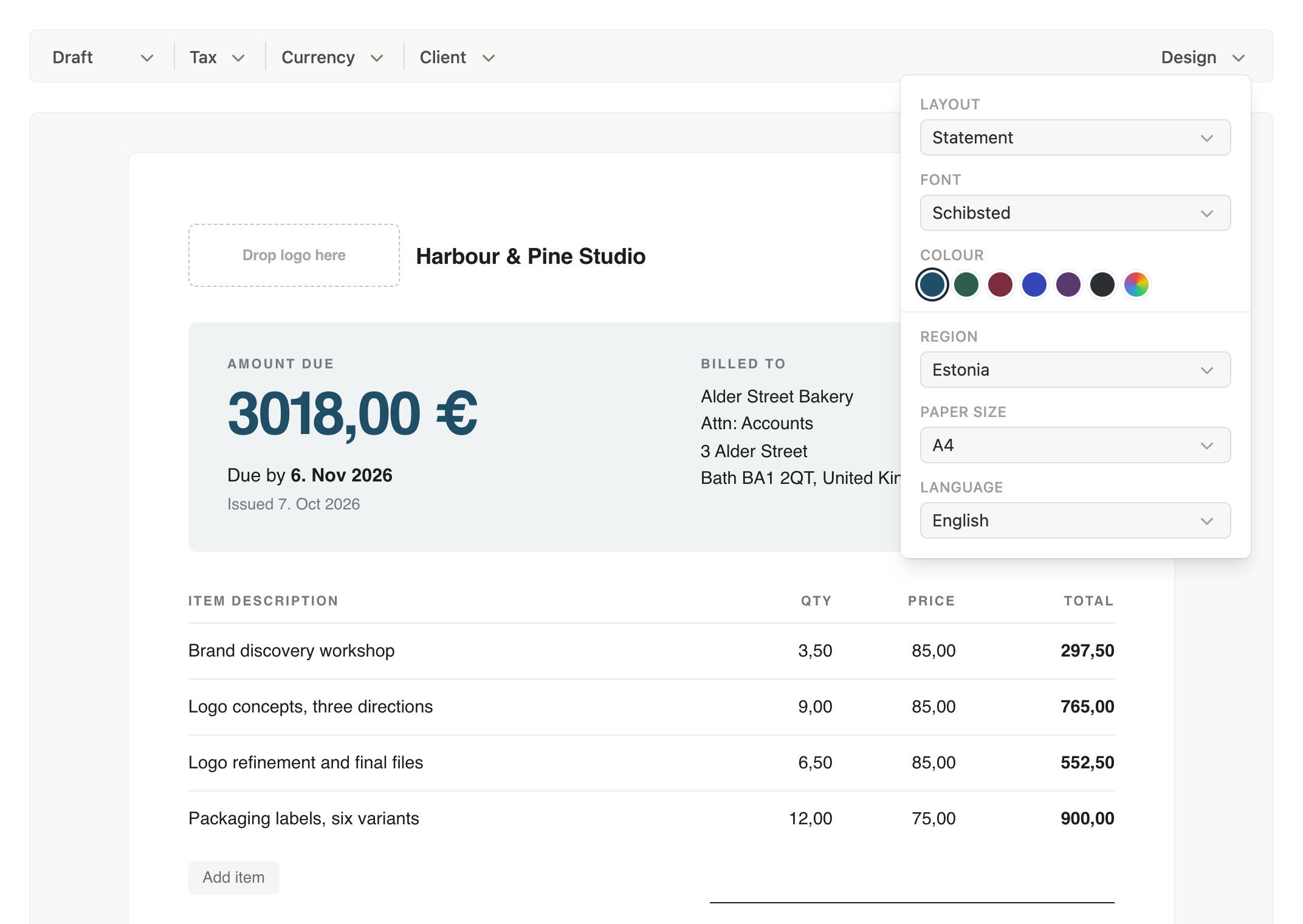 The Timen invoice editor with the Design menu open, showing the layout, font, colour, region, paper size and language choices