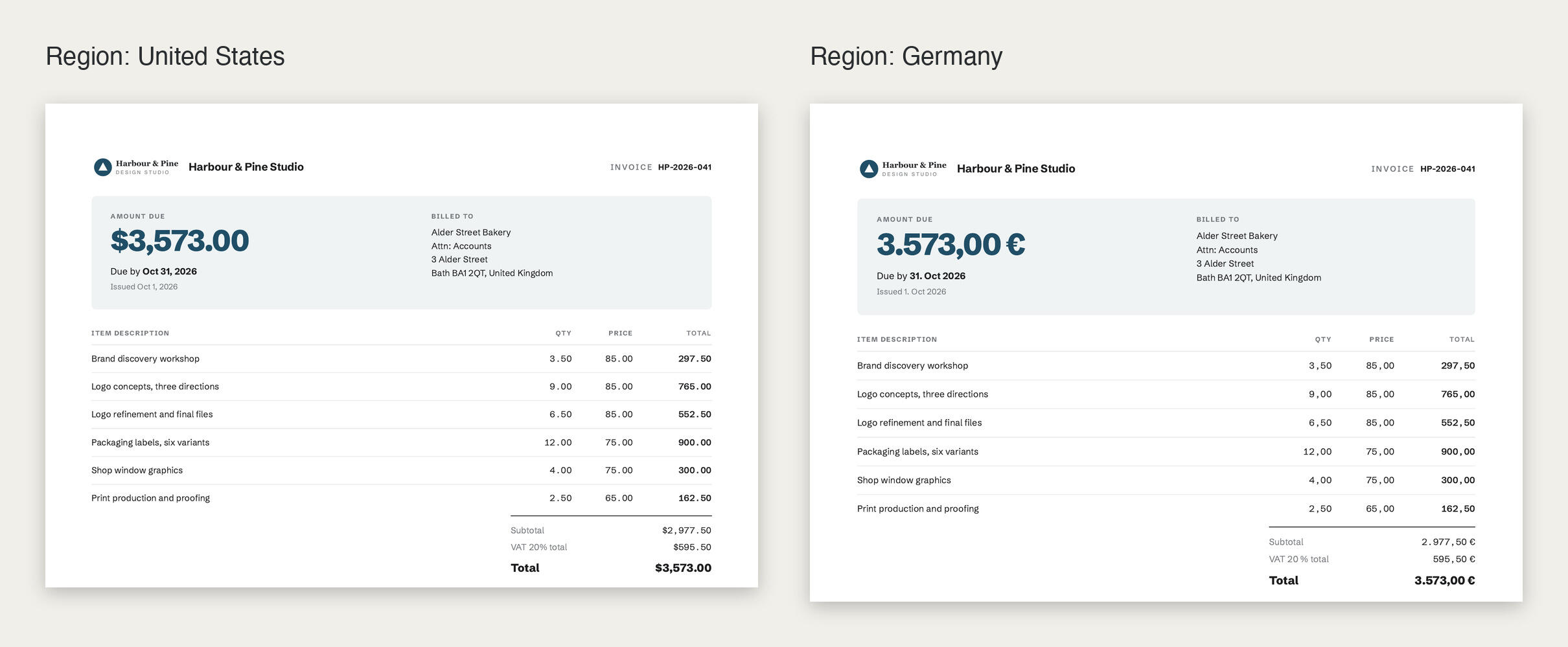 The same Timen invoice with the region set to the United States and to Germany: $3,573.00 and Oct 31, 2026 against 3.573,00 € and 31. Oct 2026
