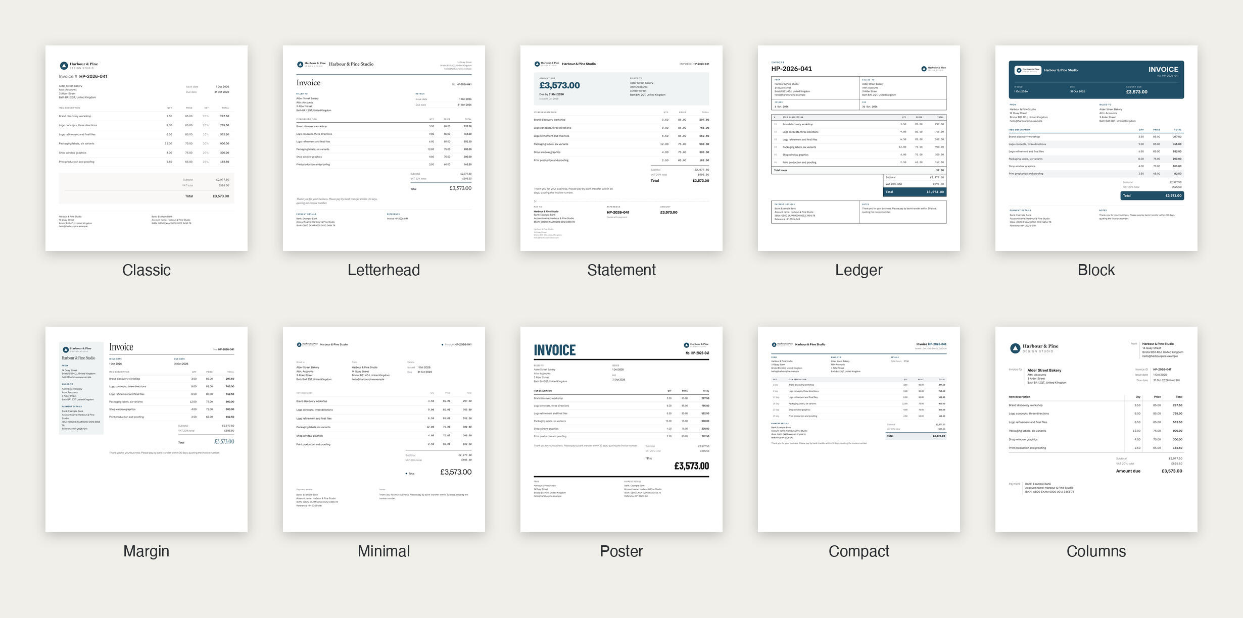 All ten Timen invoice layouts side by side: Classic, Letterhead, Statement, Ledger, Block, Margin, Minimal, Poster, Compact and Columns