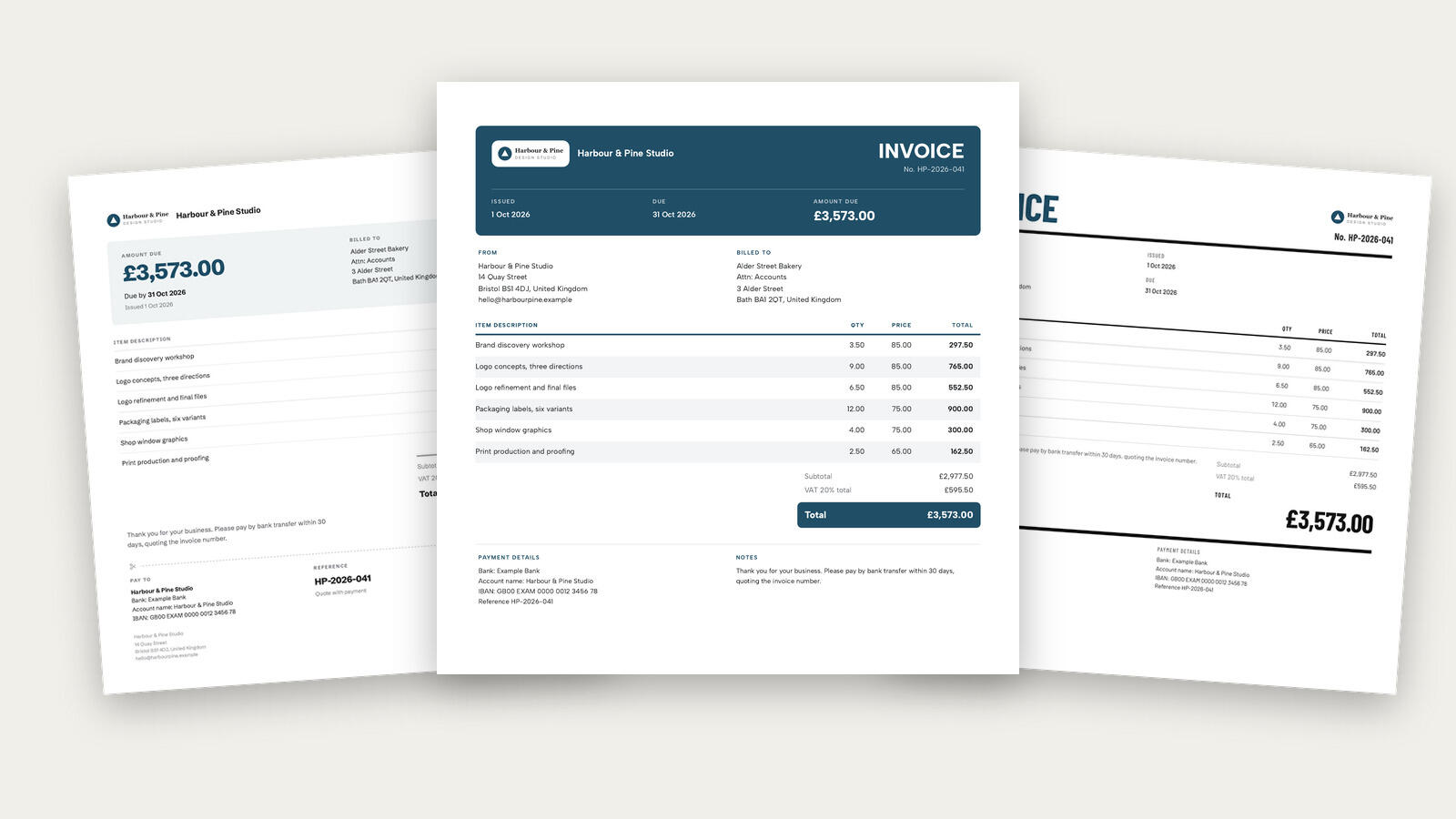 Three Timen invoice layouts, Statement, Block and Poster, showing the same invoice
