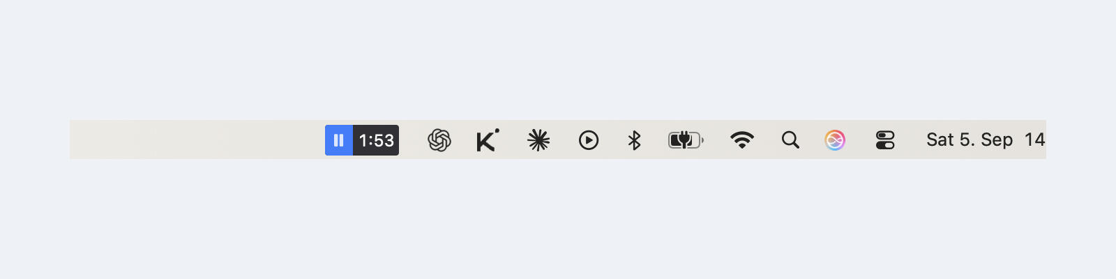 The TimenBar menu bar item, a pause button next to the running time