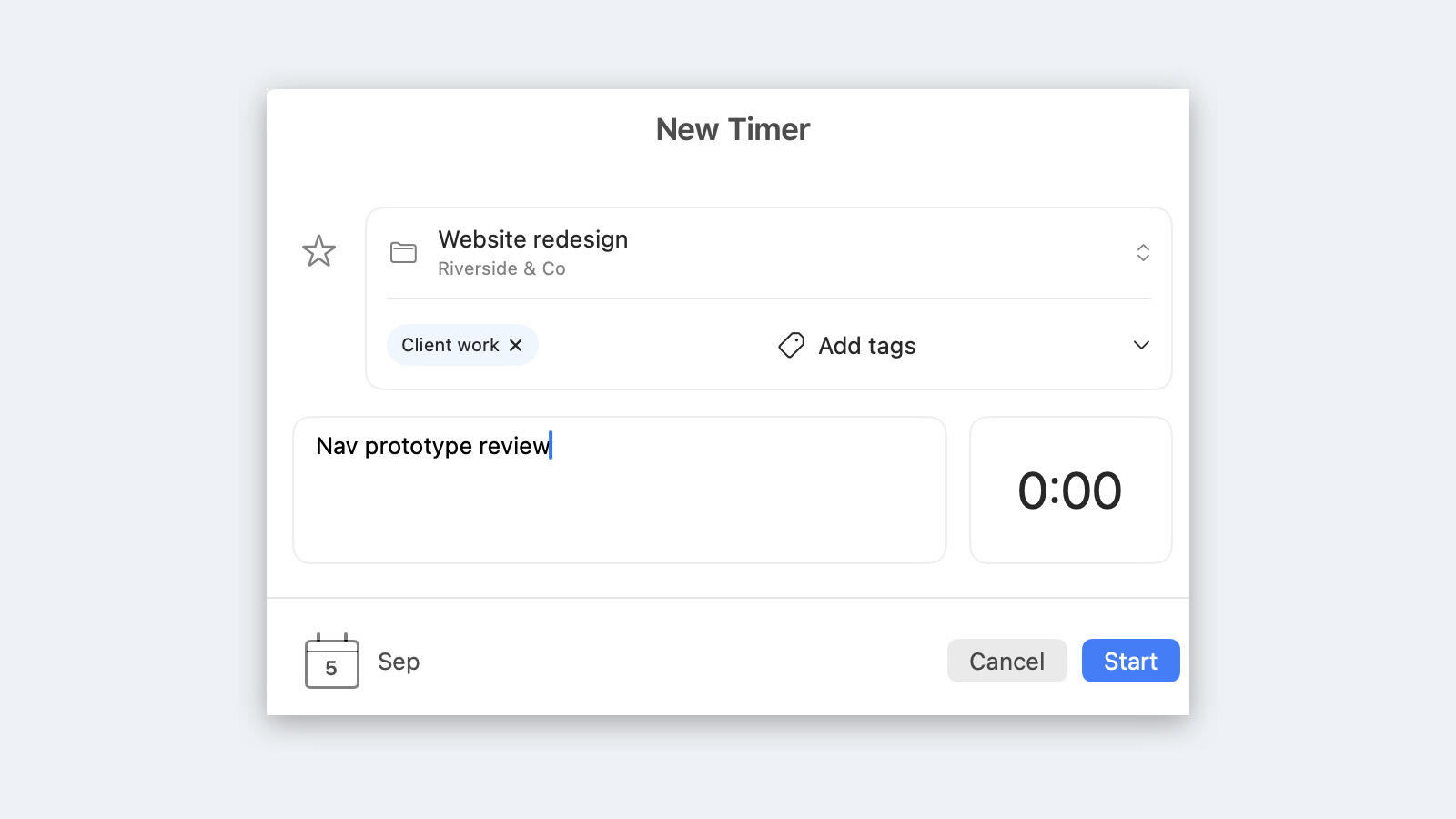 The TimenBar new timer form with a project, a tag and a note filled in