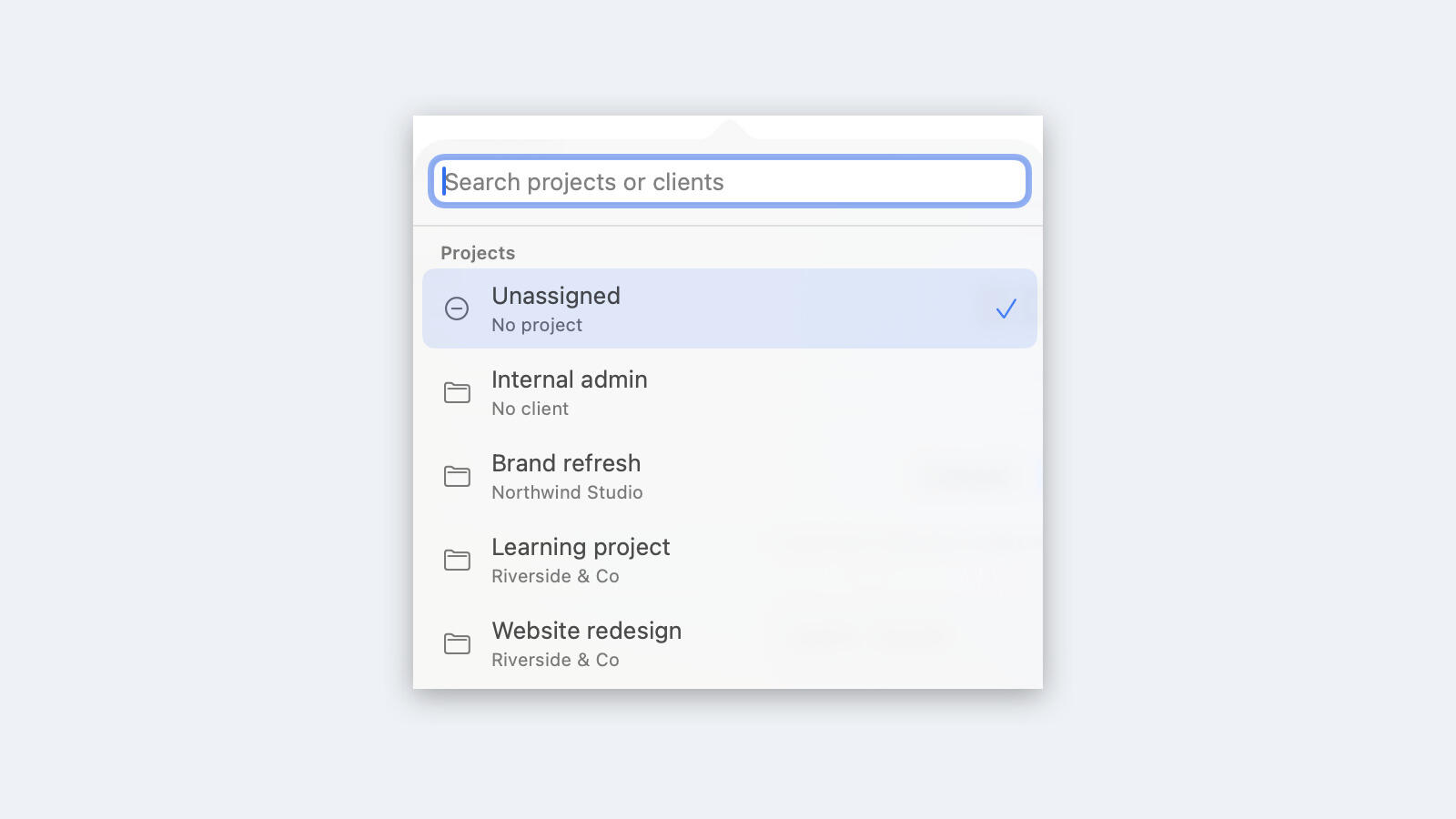 The TimenBar project picker with projects grouped under their clients