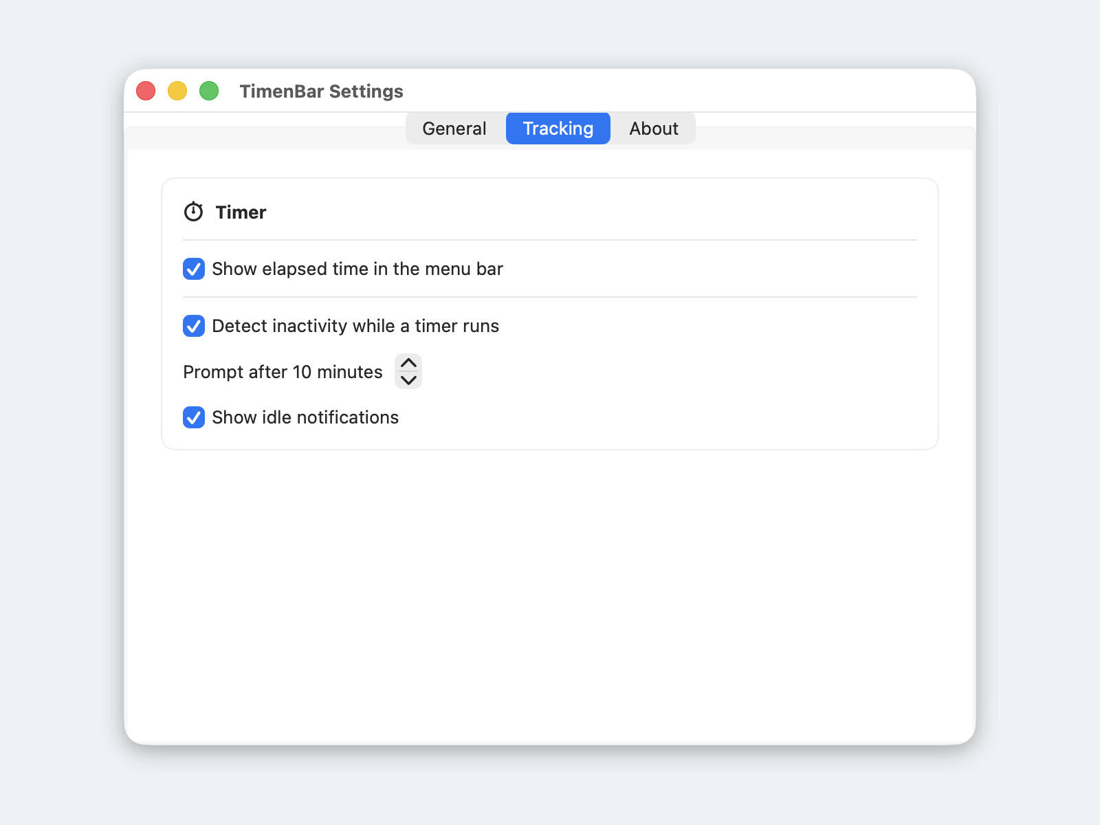 TimenBar tracking settings: show elapsed time in the menu bar, detect inactivity, prompt after ten minutes