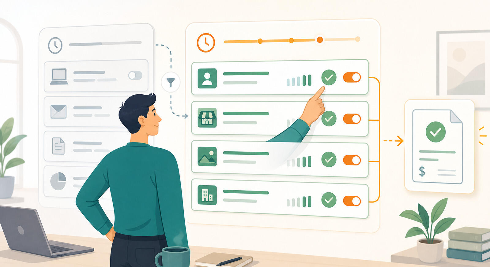 Illustration of tracking only billable client work while leaving internal time untracked, keeping the habit light and the billing accurate.