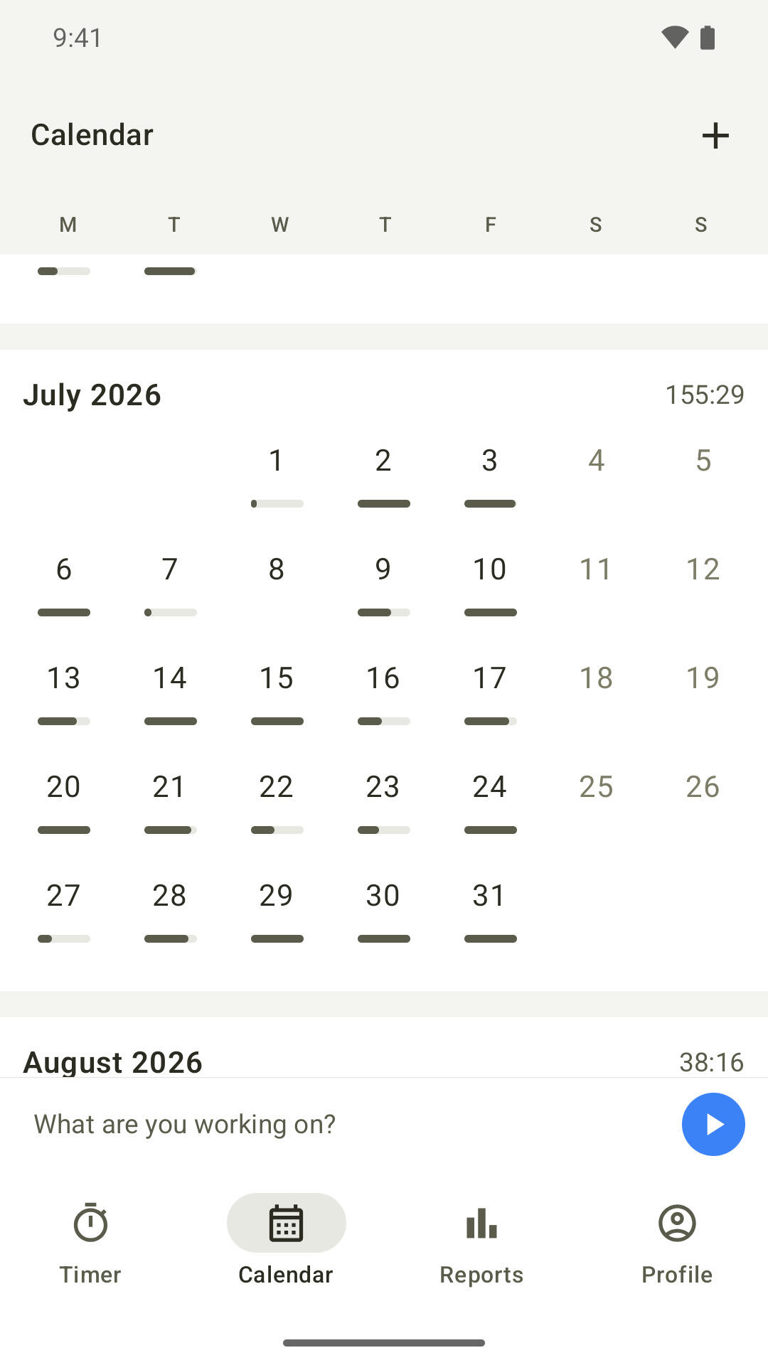 Month calendar in the Timen Android app with tracked hours on each day