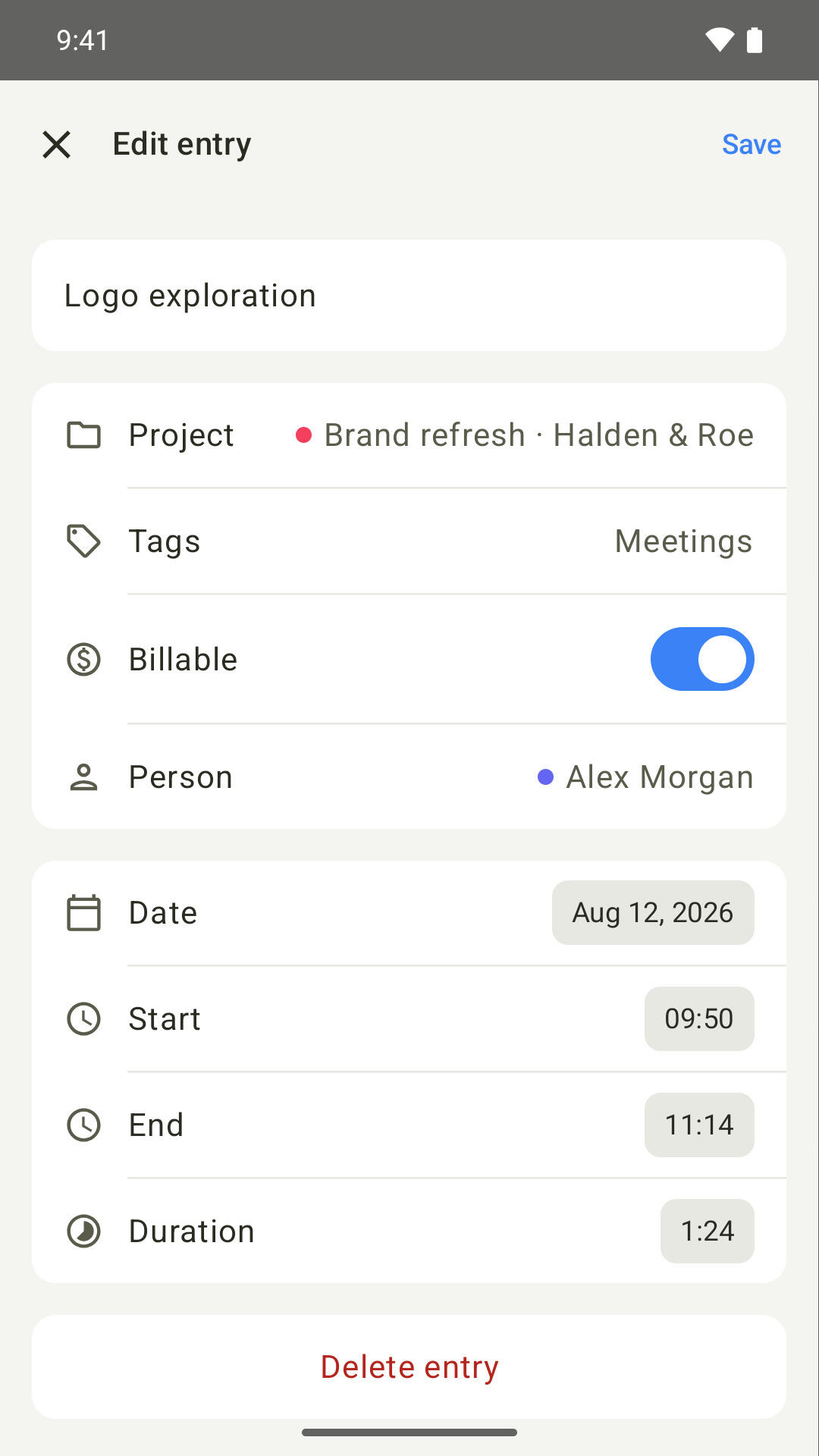 Editing a time entry on Android with a description, project, client, tags and a billable switch