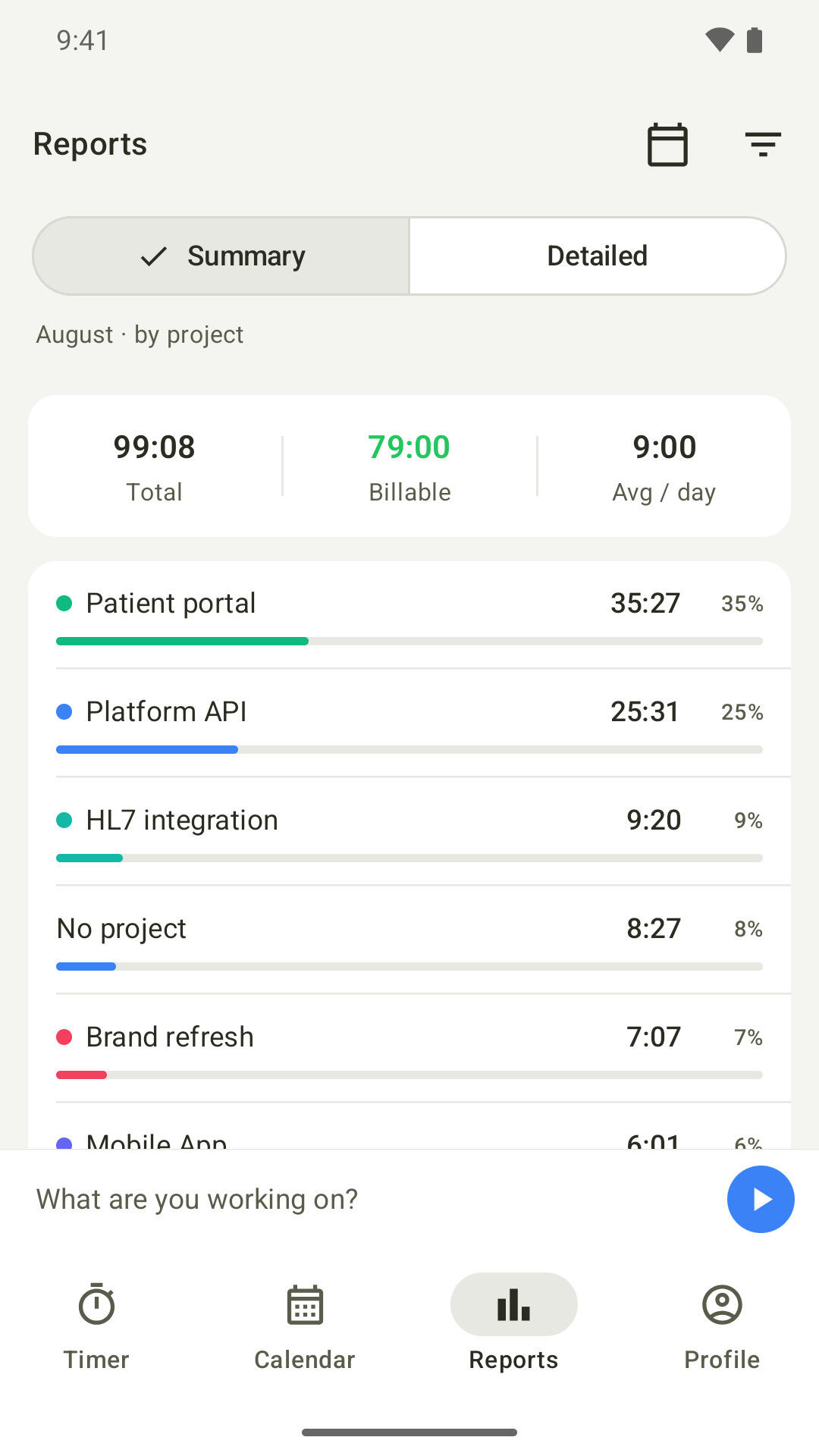 Summary report on Android totalling tracked hours by project with billable time