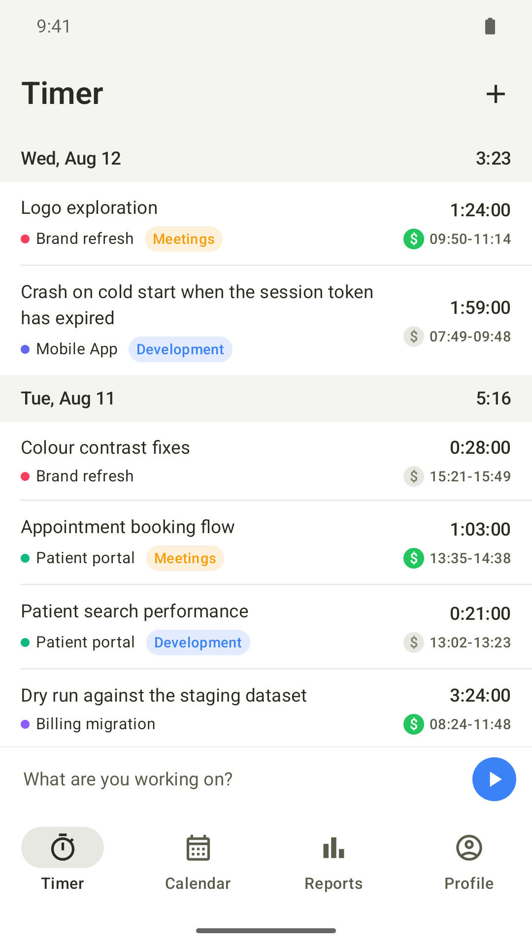 Timen time tracking app on Android showing the day's time entries by project and client