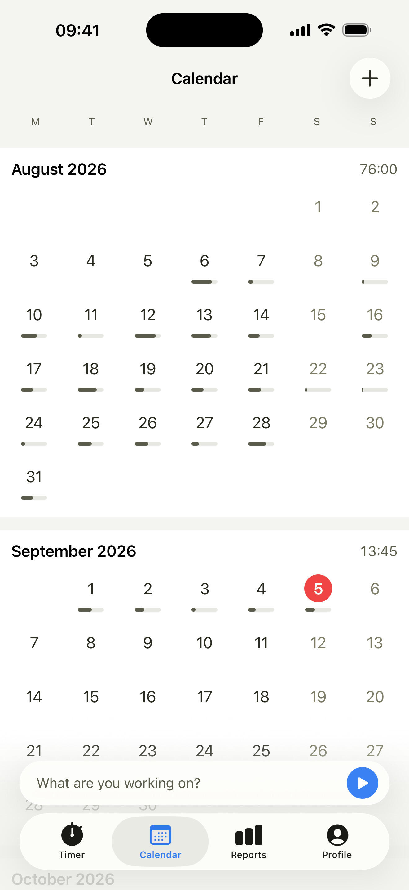 Month calendar in the Timen iPhone app with tracked hours on each day