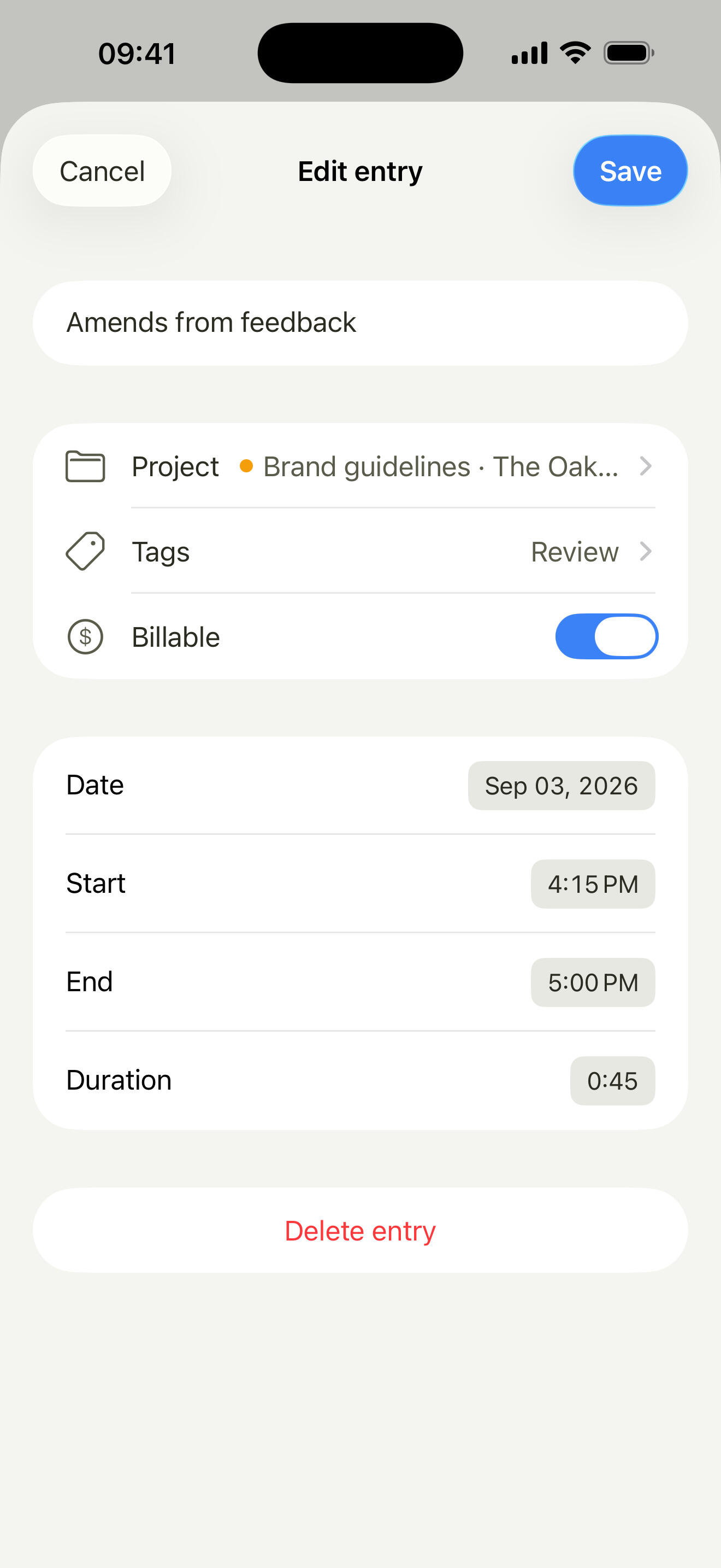 Editing a time entry on iPhone with a description, project, client, tags and a billable switch