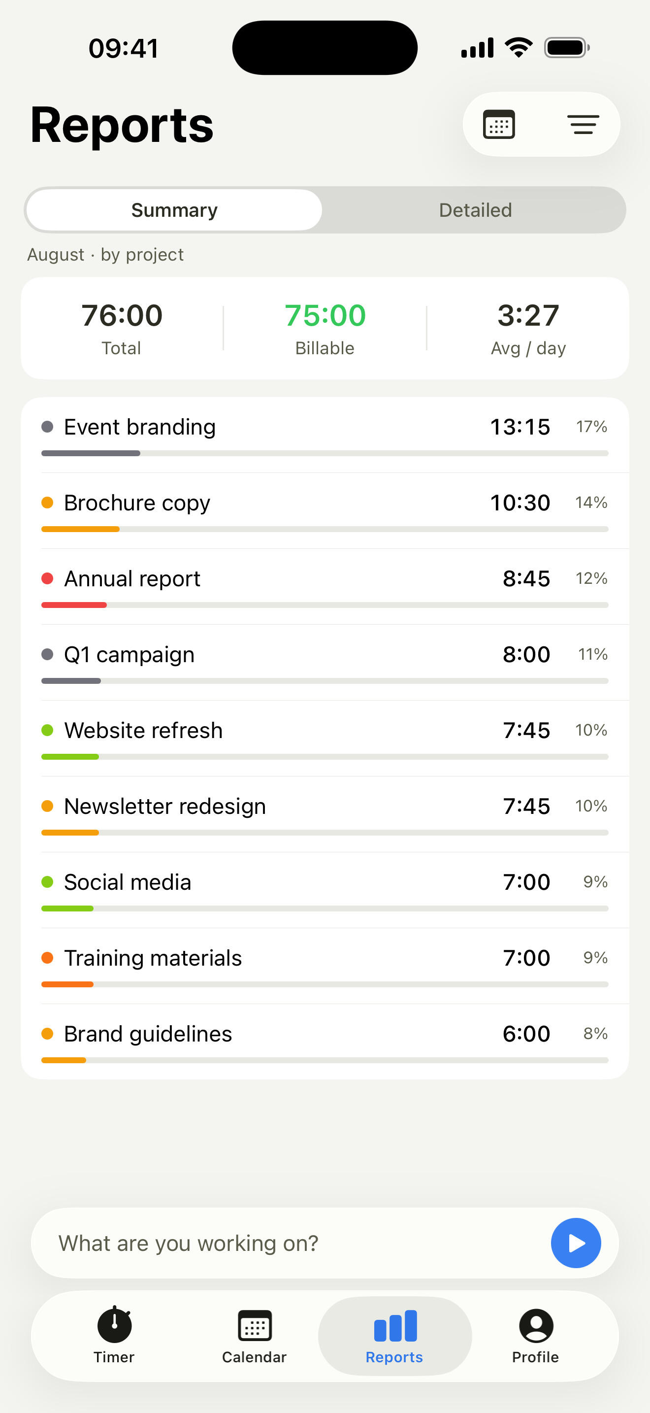 Summary report on iPhone totalling tracked hours by project with billable time