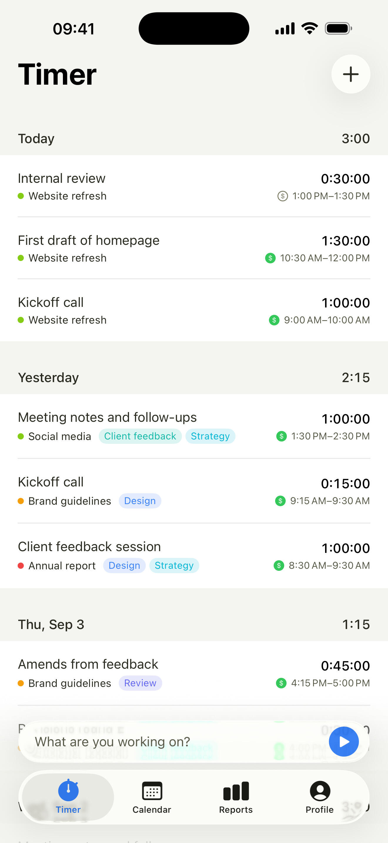 Timen time tracking app on iPhone showing the day's time entries by project and client