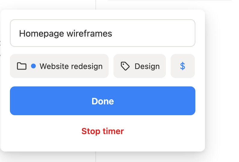 Editing a time entry description, project and tags from the Timen Chrome extension