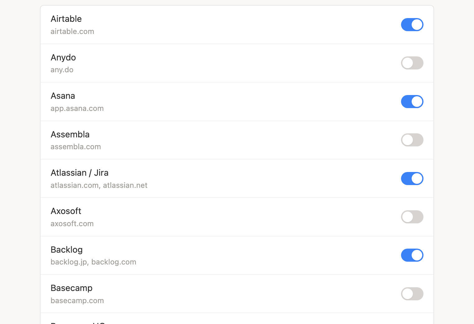 Timen Chrome extension settings with a switch for each supported tool