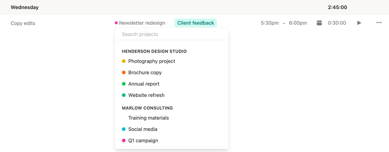 Projects and clients assigned to tracked time in Timen