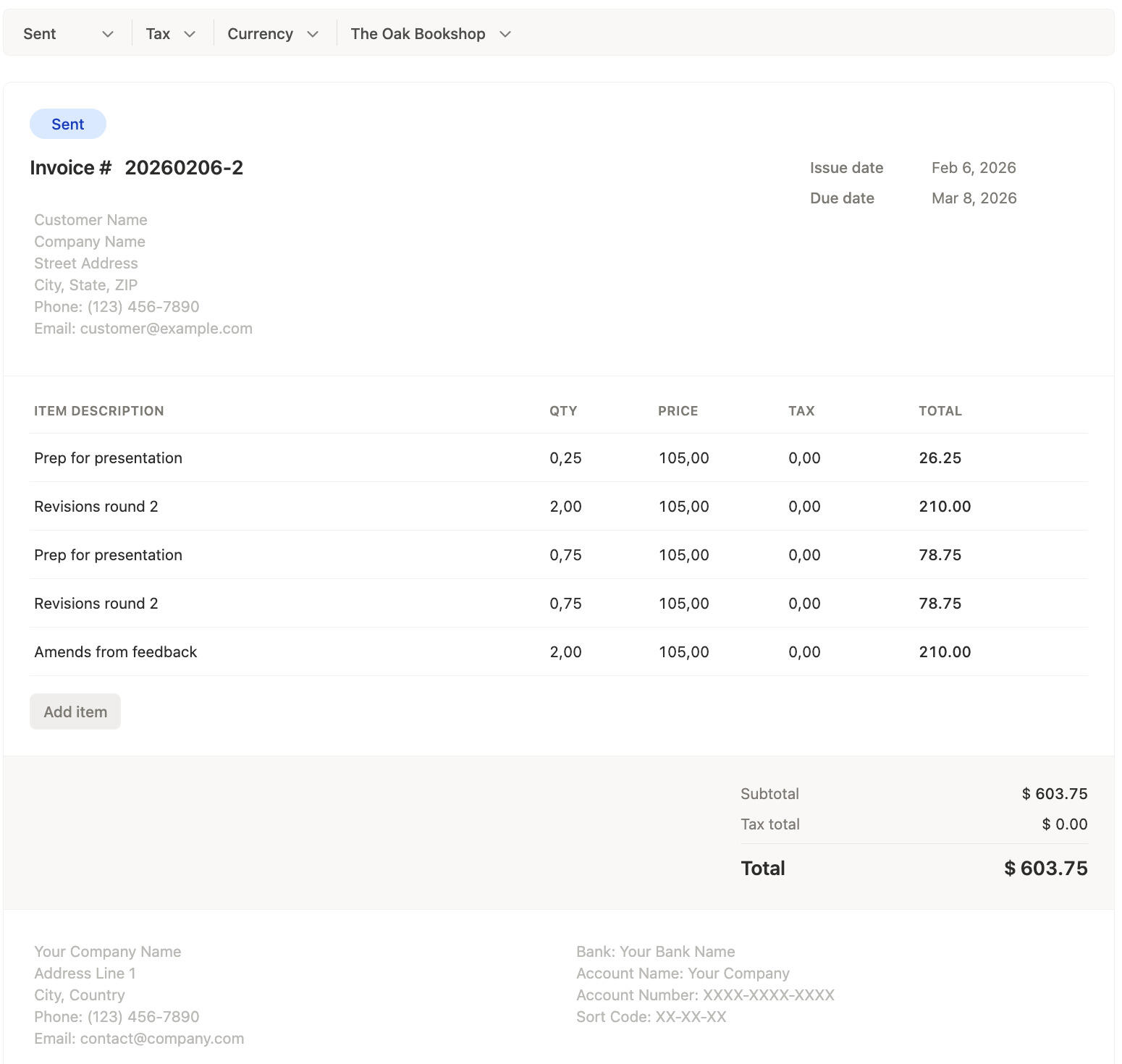 Invoice editor with client, currency, tax, and line items in Timen