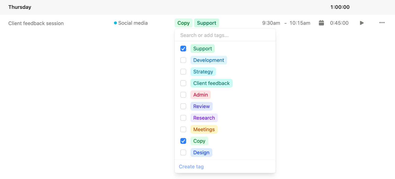 Tagged time entries in Timen