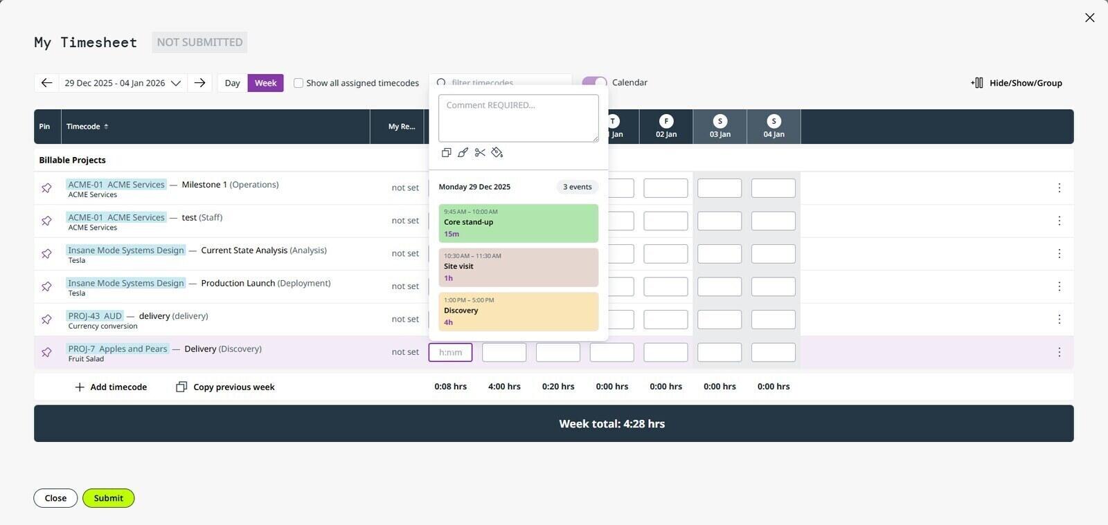 Projectworks weekly timesheet with billable timecodes beside a calendar panel of the day's events ready to log as time