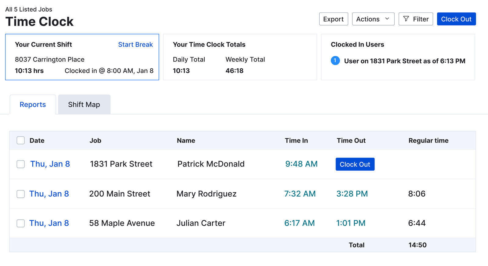 Buildertrend time clock on tablet and phone with current shift and clock out button