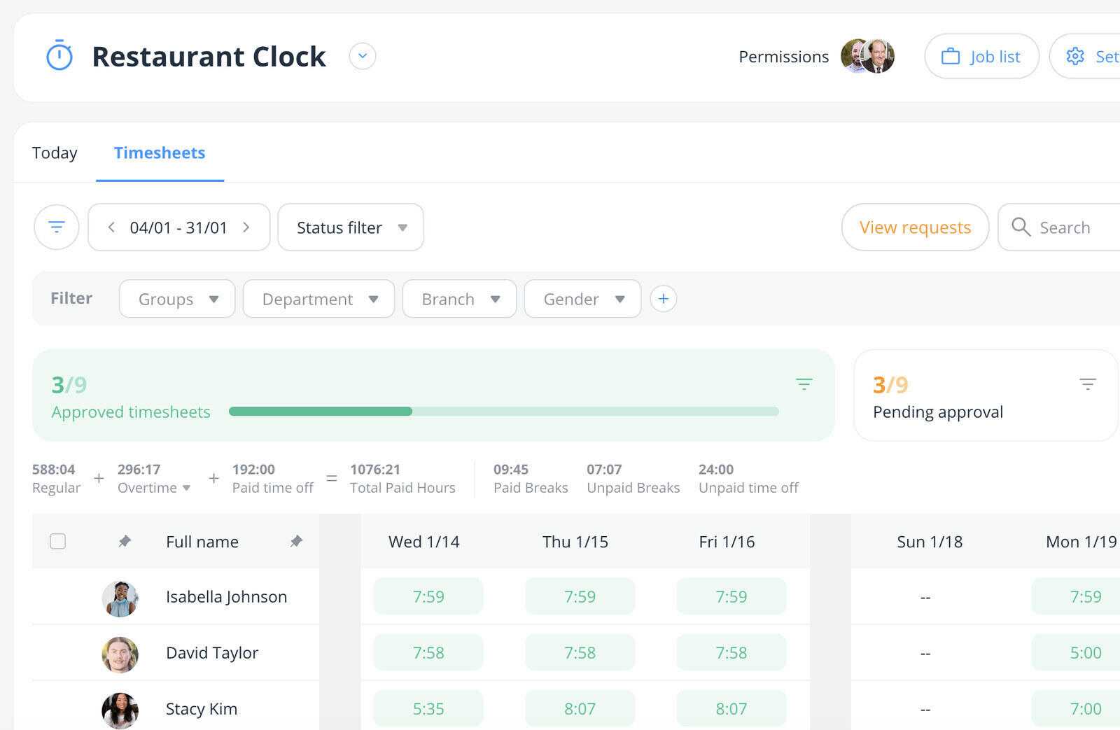 Connecteam time clock with GPS clock-in, kiosk tap-in and a timesheet ready for payroll export
